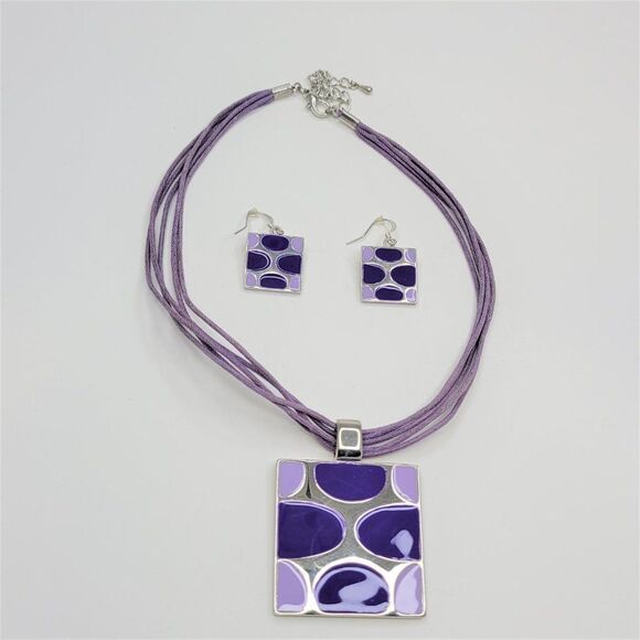 Purple Square Pendant Necklace with Matching Square Purple Earrings - Picture 7 of 12